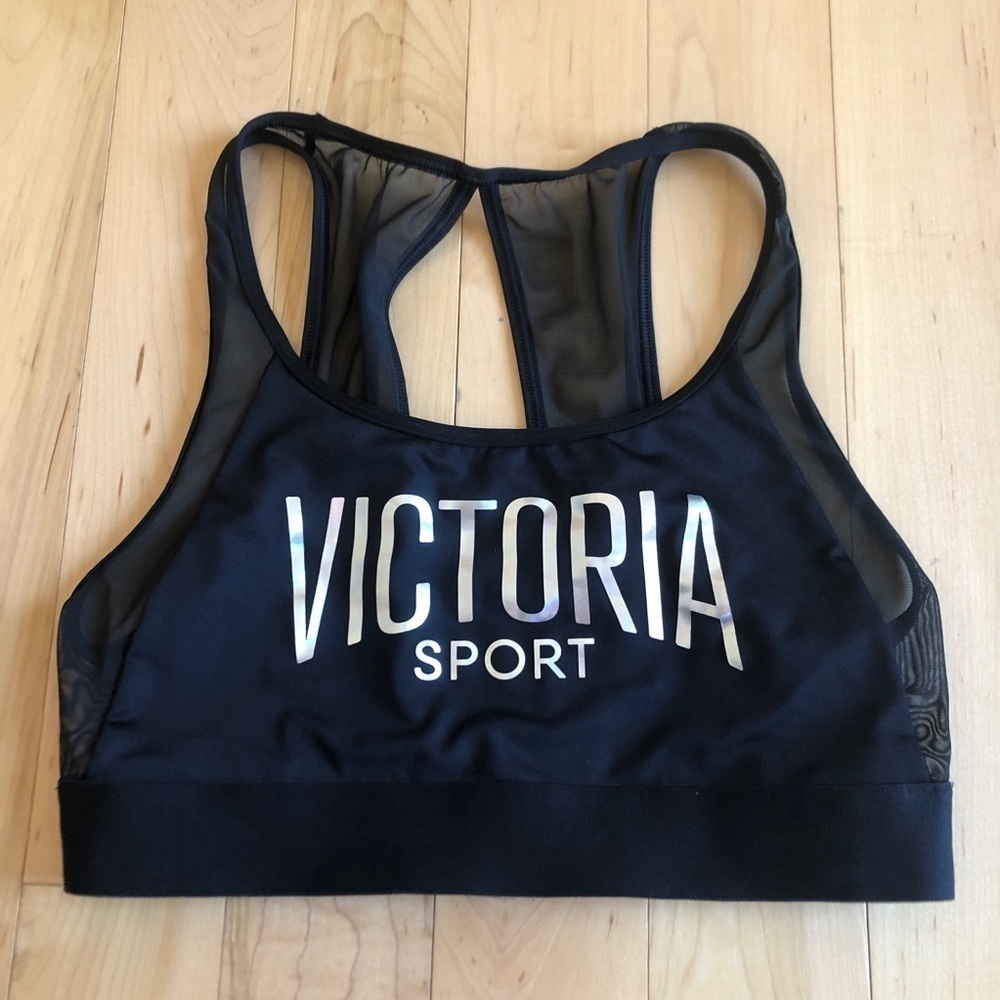 Victoria’s Secret Sport Black sports bra with mesh & silver hologram logo